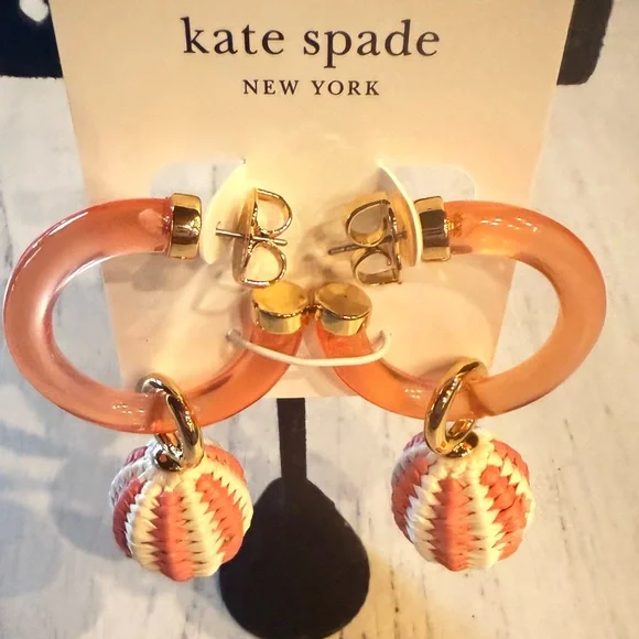 New Kate Spade FEELING BUBBLY RAFFIA CHARM HOOPS
Color: Pink Multi - Picture 11 of 13